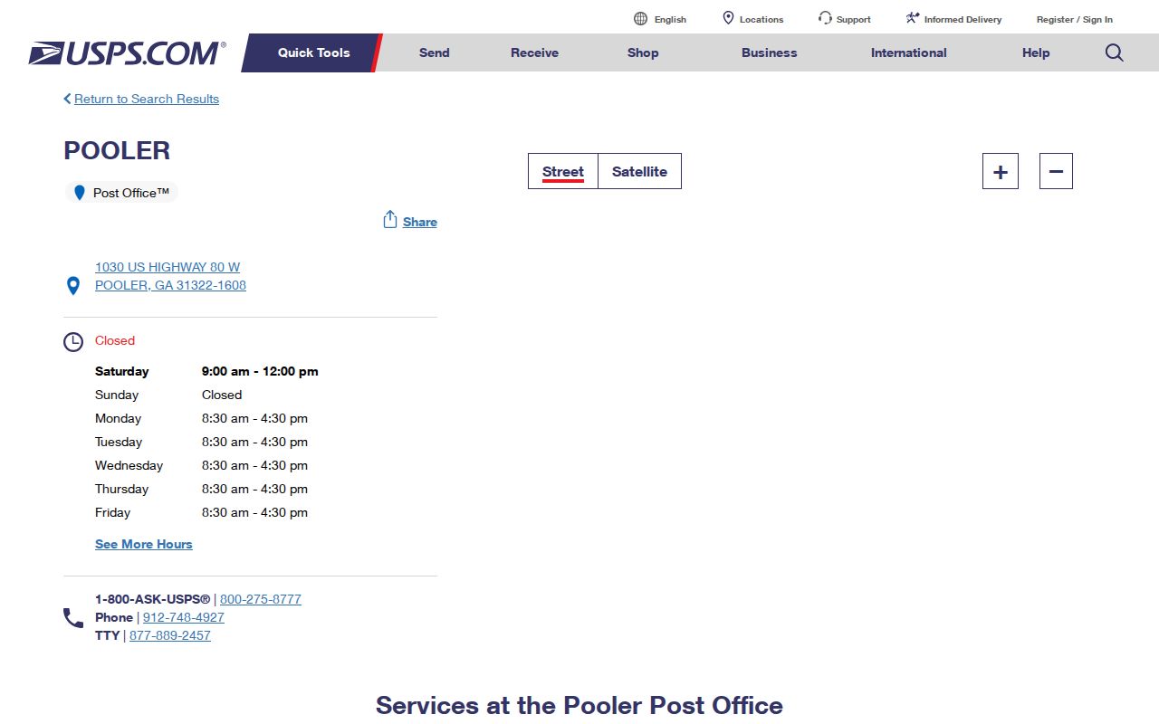 Pooler ZIP code directory source showing the 31322 Post Office details